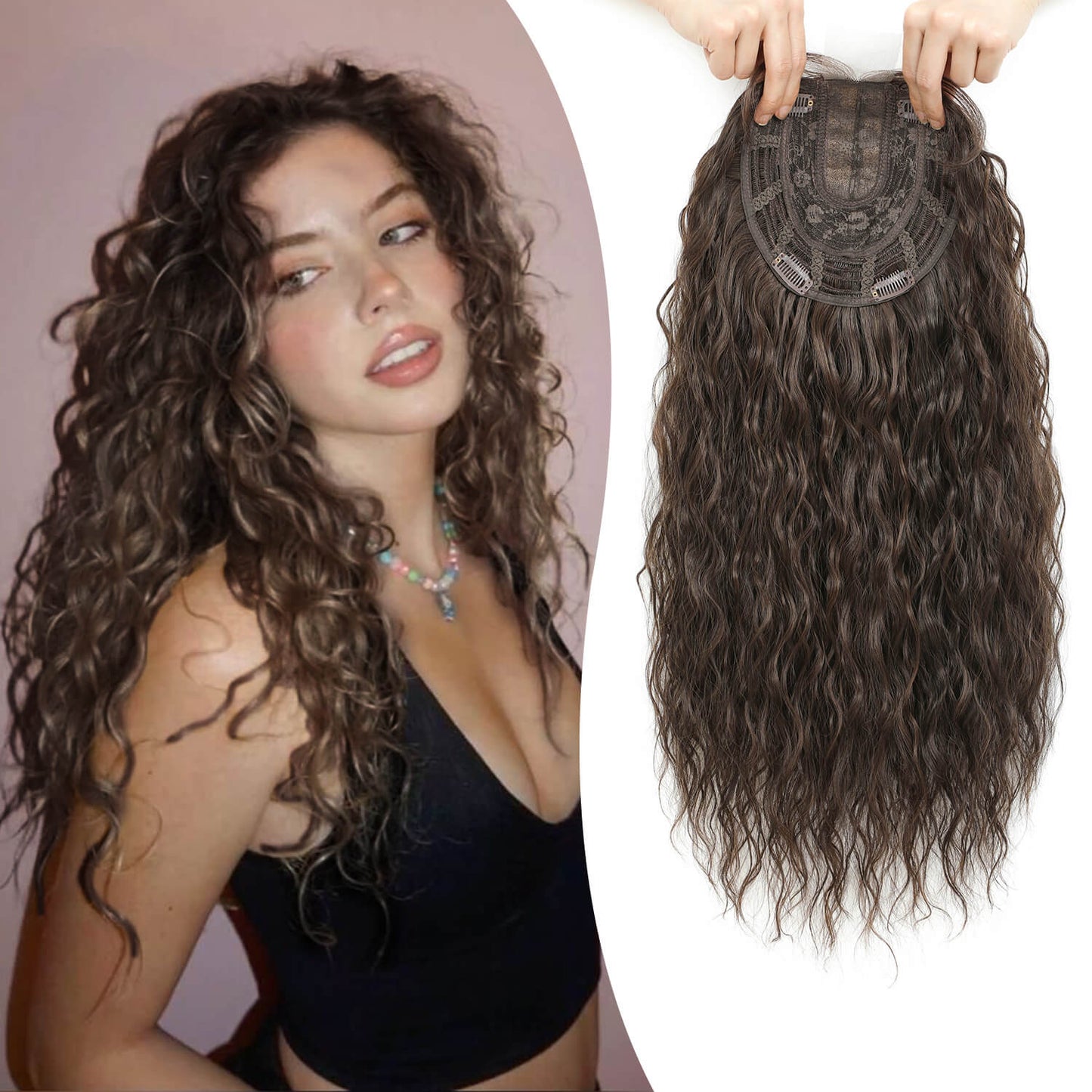 20" Mermaid Curly Hair Toppers with 5Clips Synthetic Hair 6.5x6.5inch Base