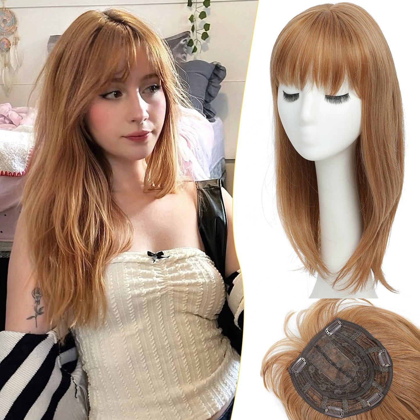 18" Hair Topper with Bangs Natural Straight Wavy 6.5x6.5inch Base