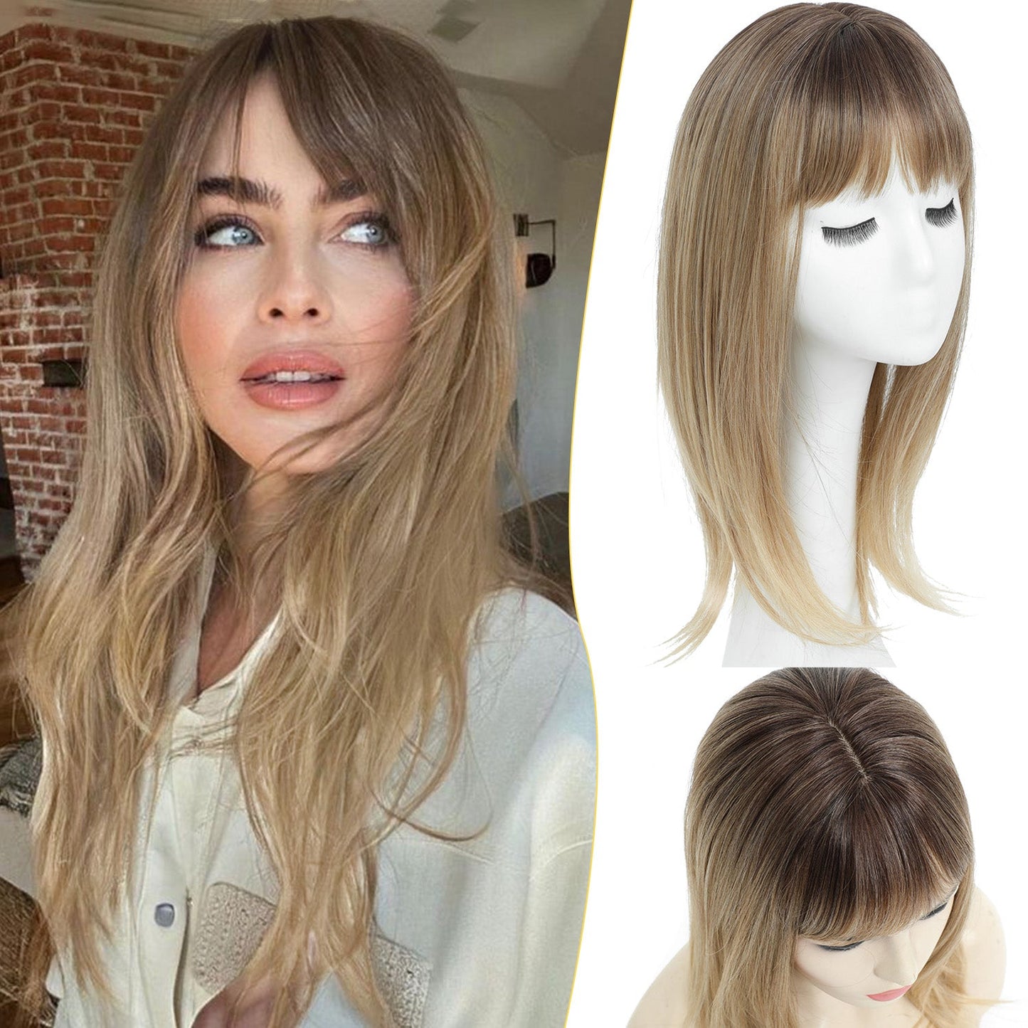 18" Hair Topper with Bangs Natural Straight Wavy 6.5x6.5inch Base