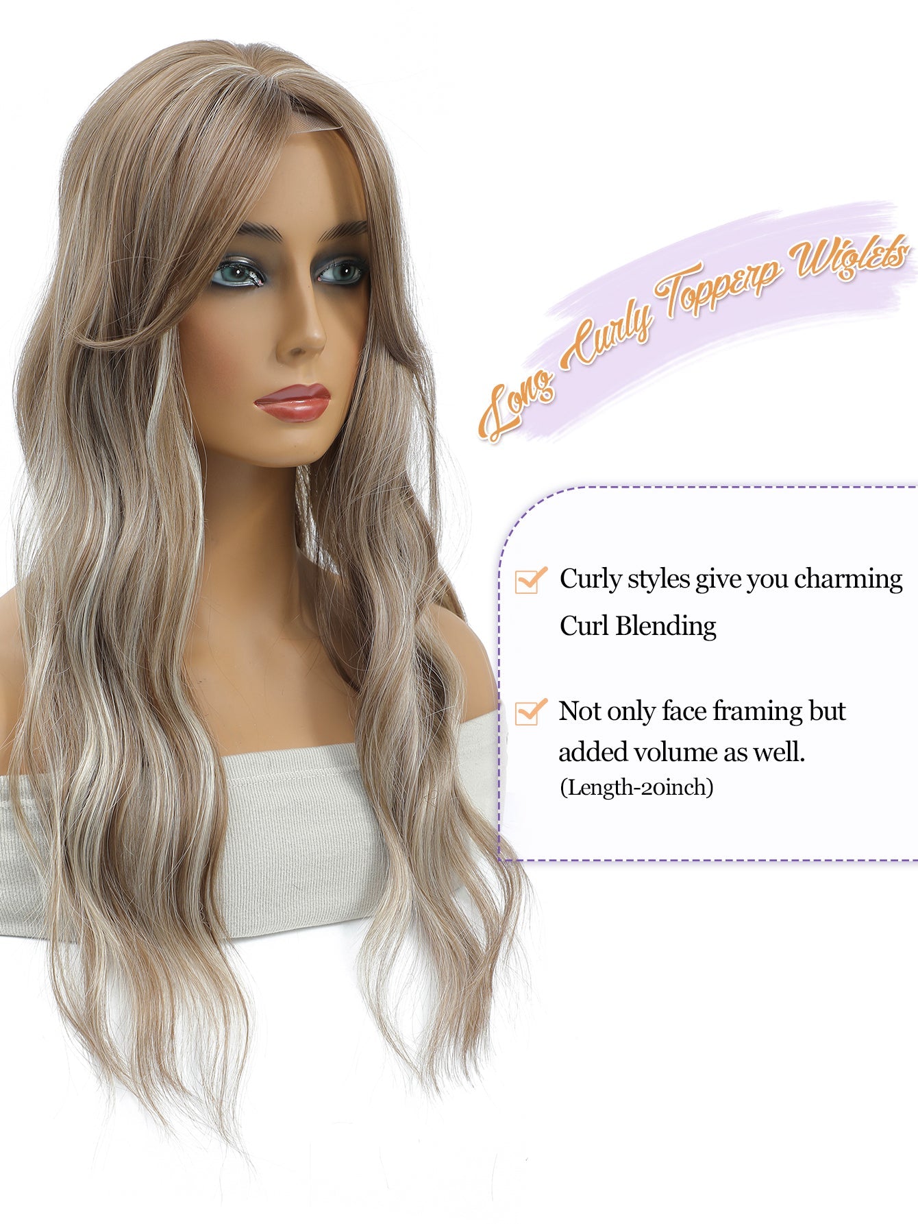 20" Wavy Curly Synthetic Hair Topper with 6.5x6.5inch Base
