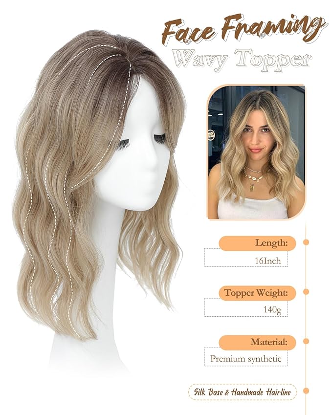 16" Wavy Curly Synthetic Hair Topper with 6.5x6.5inch Base