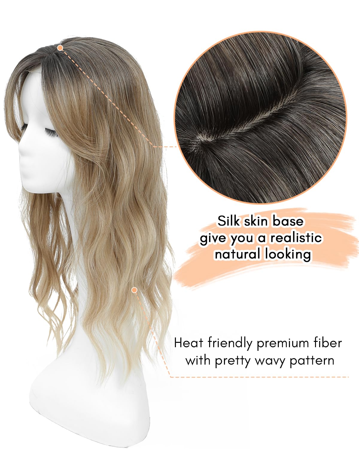20" Wavy Curly Synthetic Hair Topper with 6.5x6.5inch Base