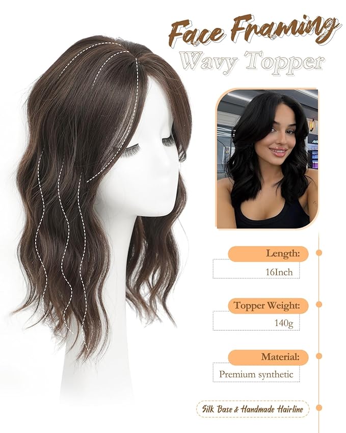 16" Wavy Curly Synthetic Hair Topper with 6.5x6.5inch Base