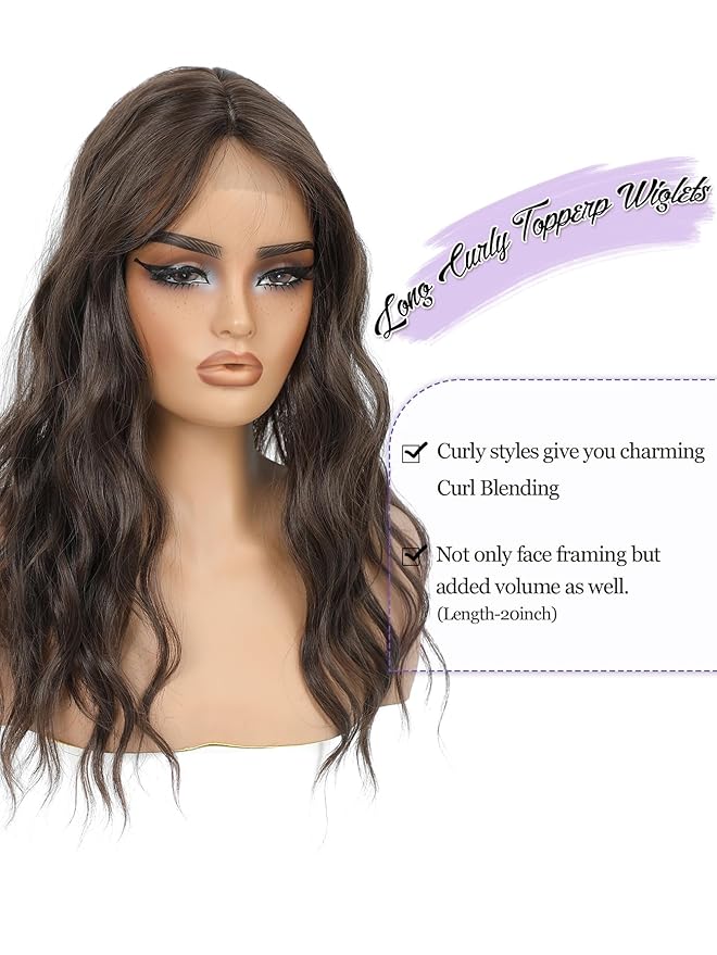 20" Wavy Curly Synthetic Hair Topper with 6.5x6.5inch Base