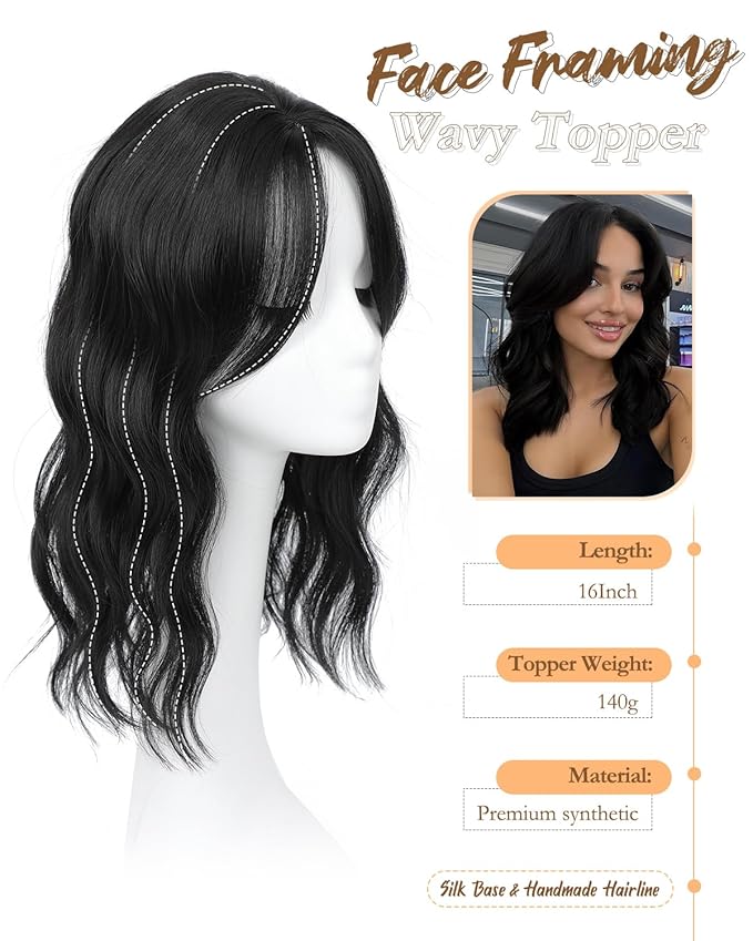 16" Wavy Curly Synthetic Hair Topper with 6.5x6.5inch Base