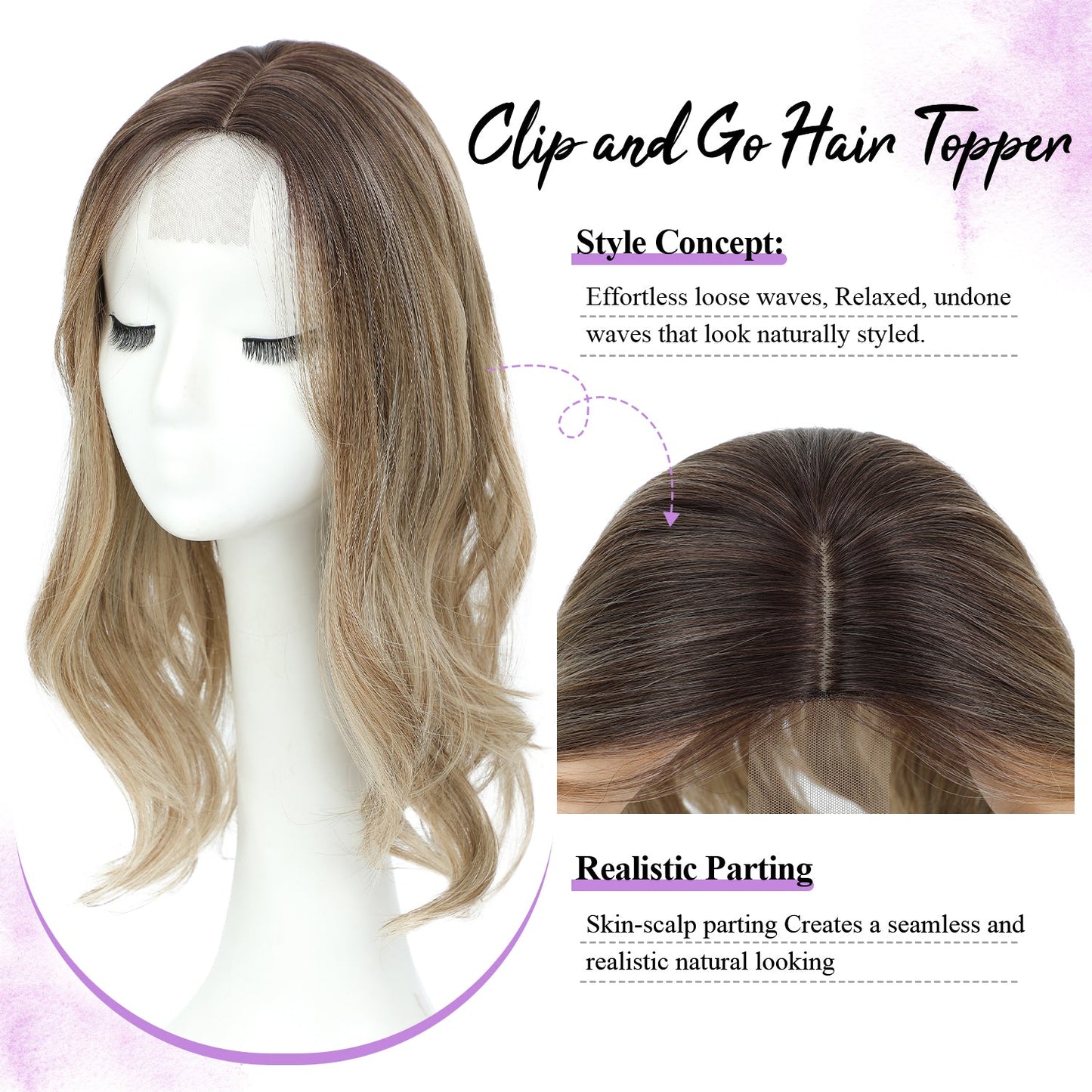 18" Stylish Loose Wave Clip In Hair Topper with Skin Part