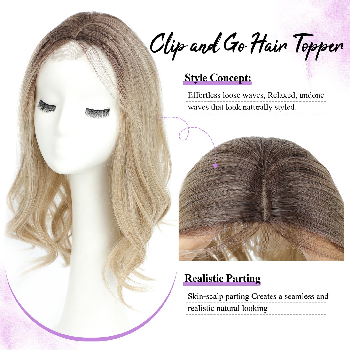 18" Stylish Loose Wave Clip In Hair Topper with Skin Part