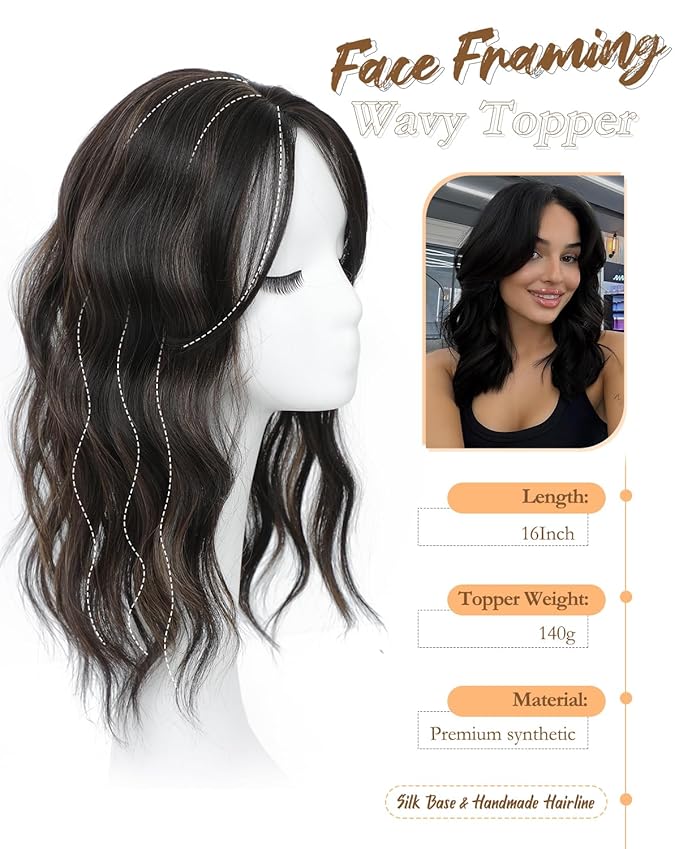 16" Wavy Curly Synthetic Hair Topper with 6.5x6.5inch Base