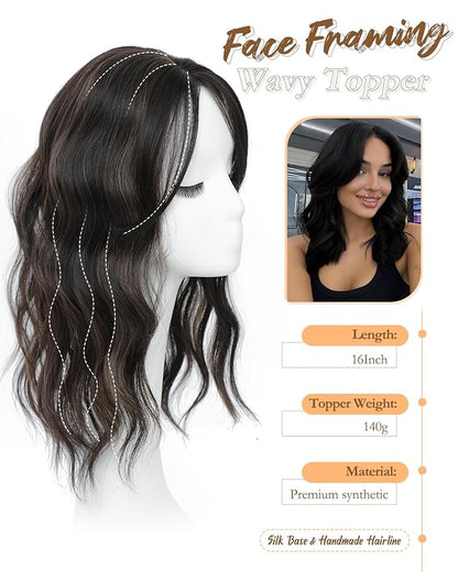 16" Wavy Curly Synthetic Hair Topper with 6.5x6.5inch Base