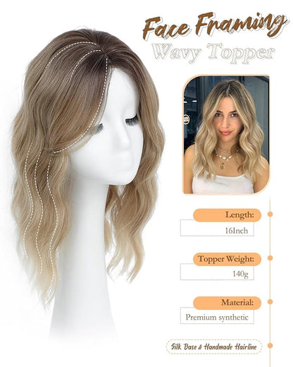 16" Wavy Curly Synthetic Hair Topper with 6.5x6.5inch Base