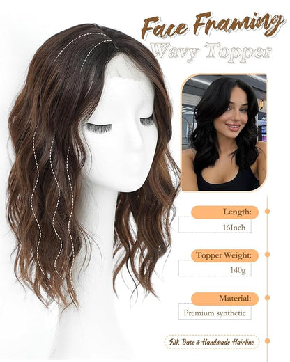 16" Wavy Curly Synthetic Hair Topper with 6.5x6.5inch Base