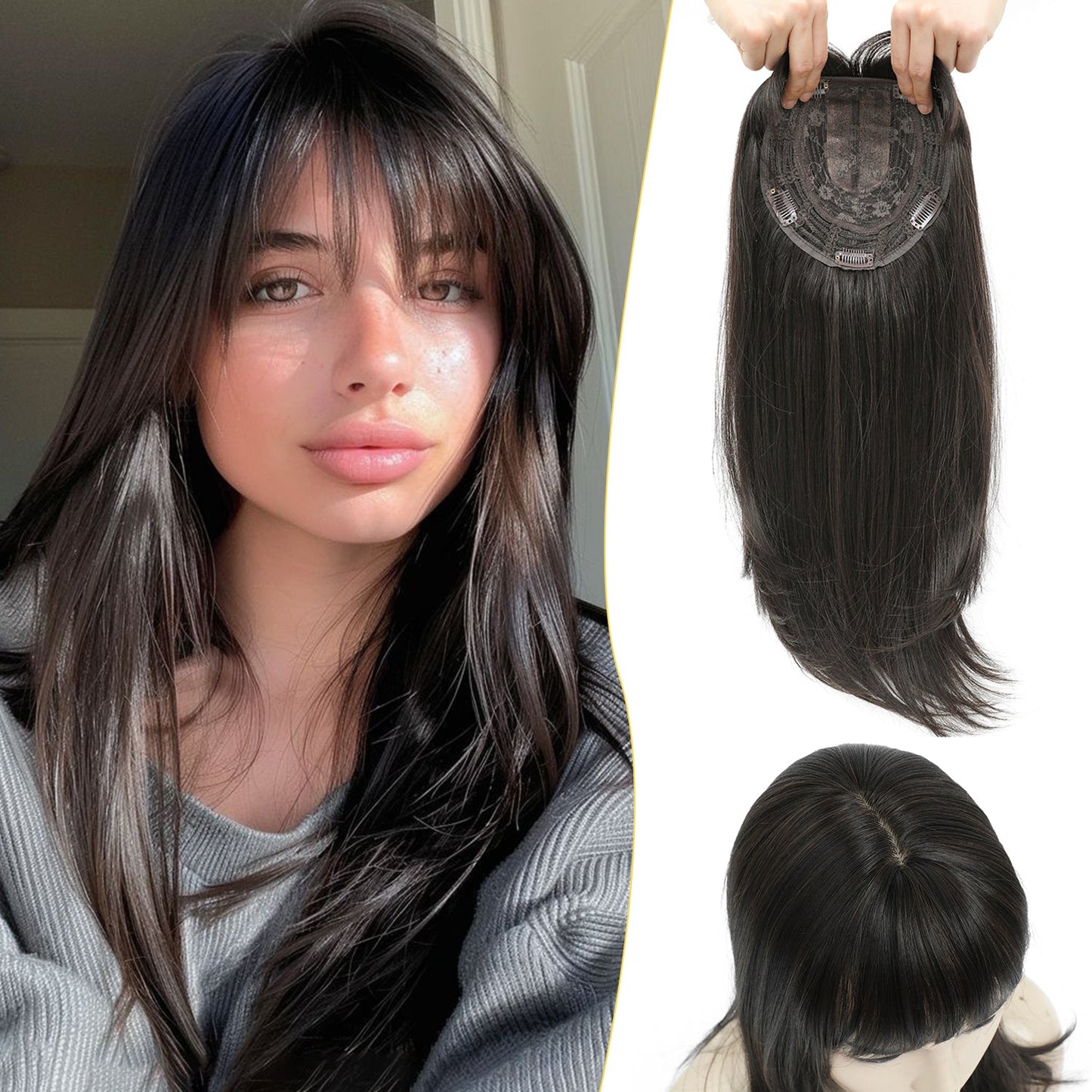 18" Hair Topper with Bangs Natural Straight Wavy 6.5x6.5inch Base
