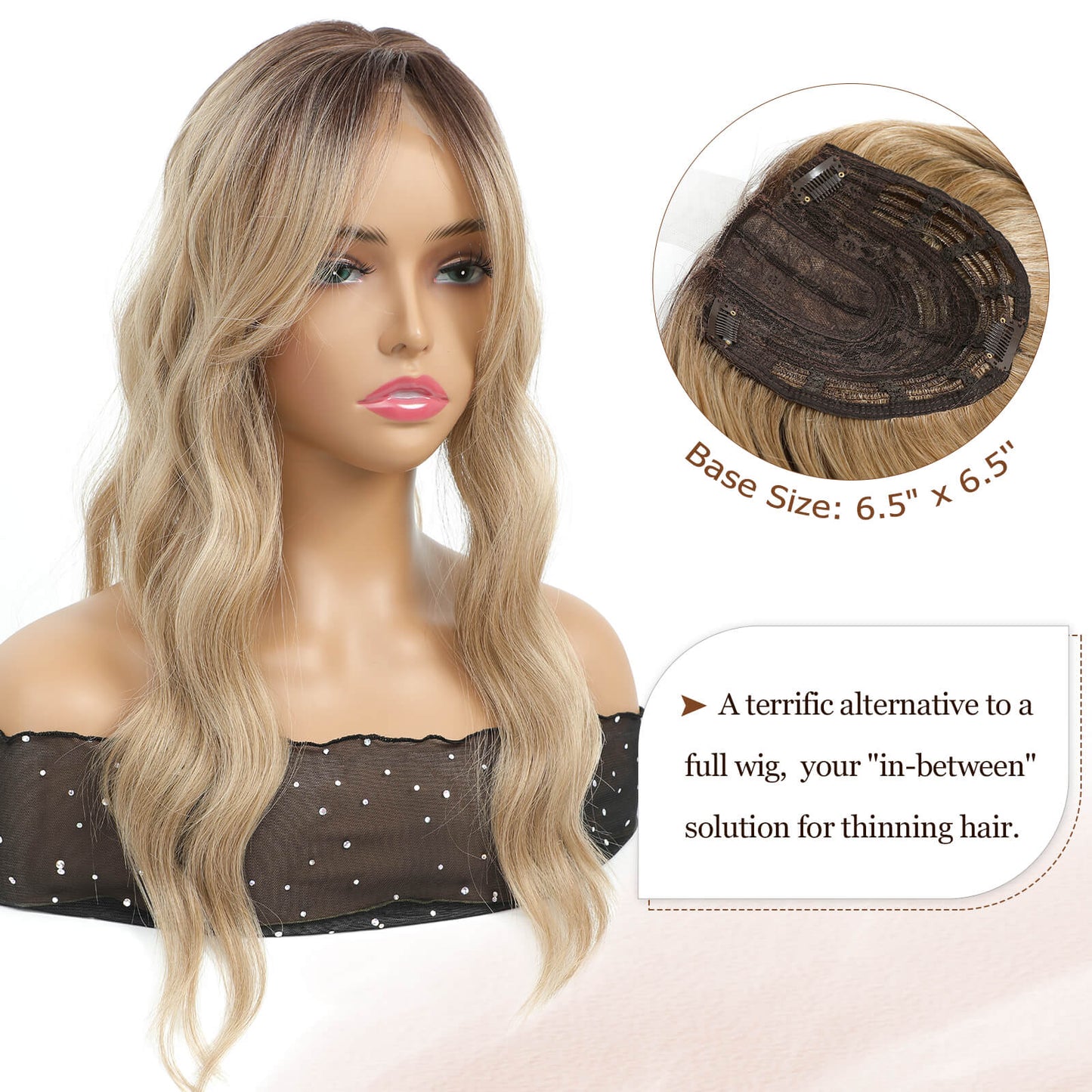 20" Wavy Curly Synthetic Hair Topper with 6.5x6.5inch Base