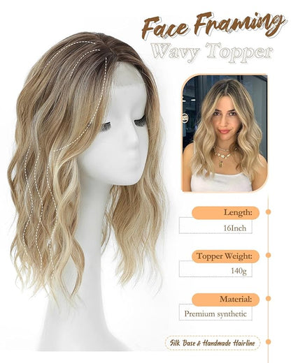 16" Wavy Curly Synthetic Hair Topper with 6.5x6.5inch Base