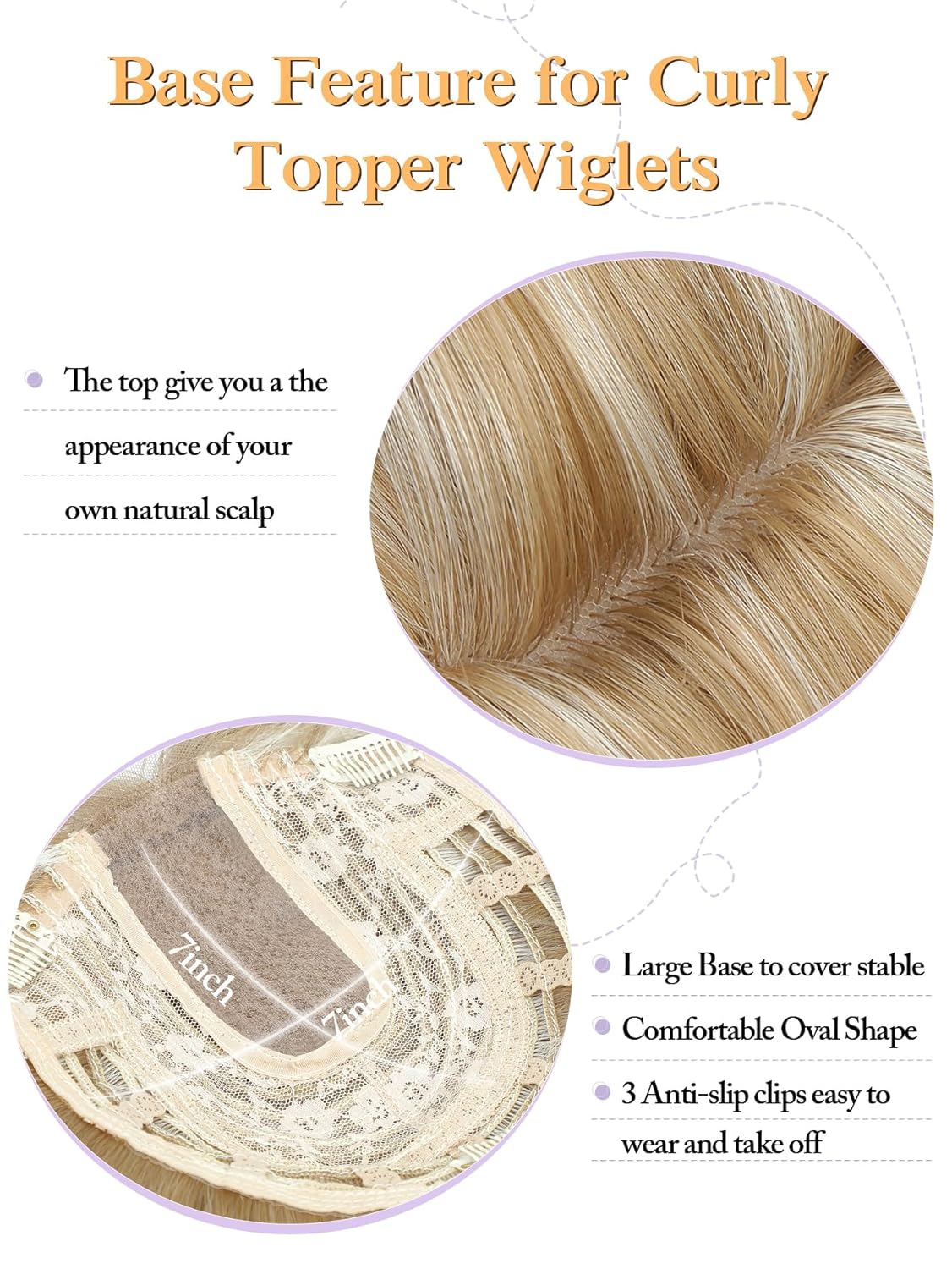 20" Wavy Curly Synthetic Hair Topper with 6.5x6.5inch Base