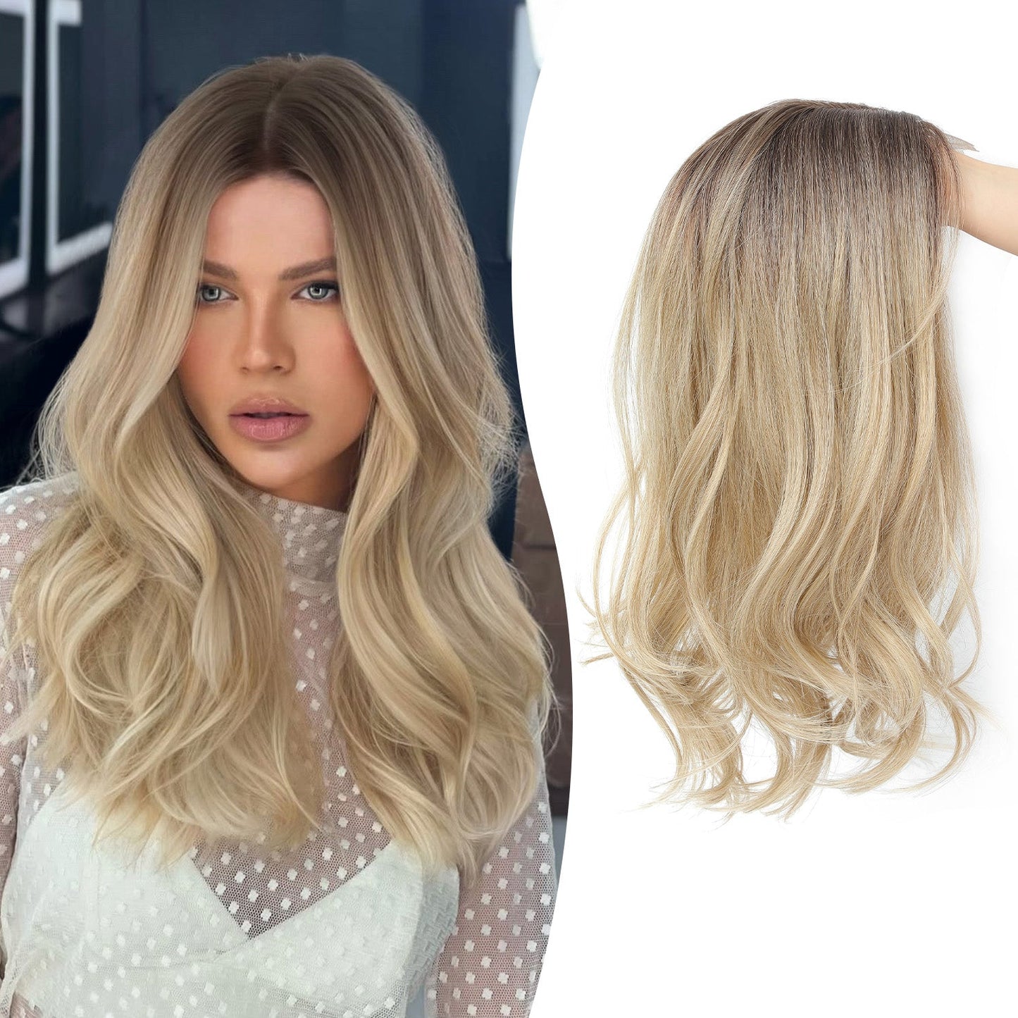 18" Stylish Loose Wave Clip In Hair Topper with Skin Part