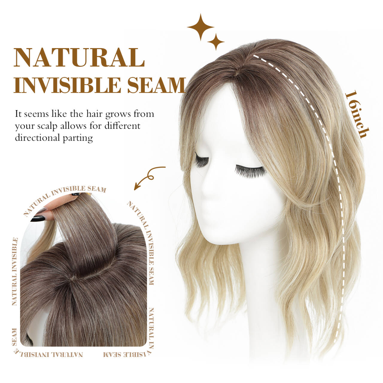 16" Wavy Curly Synthetic Hair Topper with 6.5x6.5inch Base