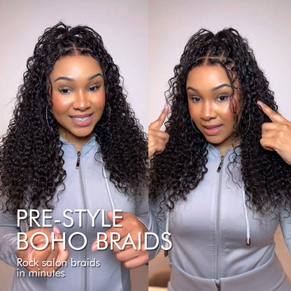 Knotless Boho Braided Wigs Glueless Pre-Cut 13x6 Frontal HD Lace Curly Human Hair Braided Wigs For Women