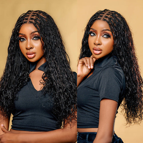 Knotless Boho Braided Wigs Glueless Pre-Cut 13x6 Frontal HD Lace Curly Human Hair Braided Wigs For Women