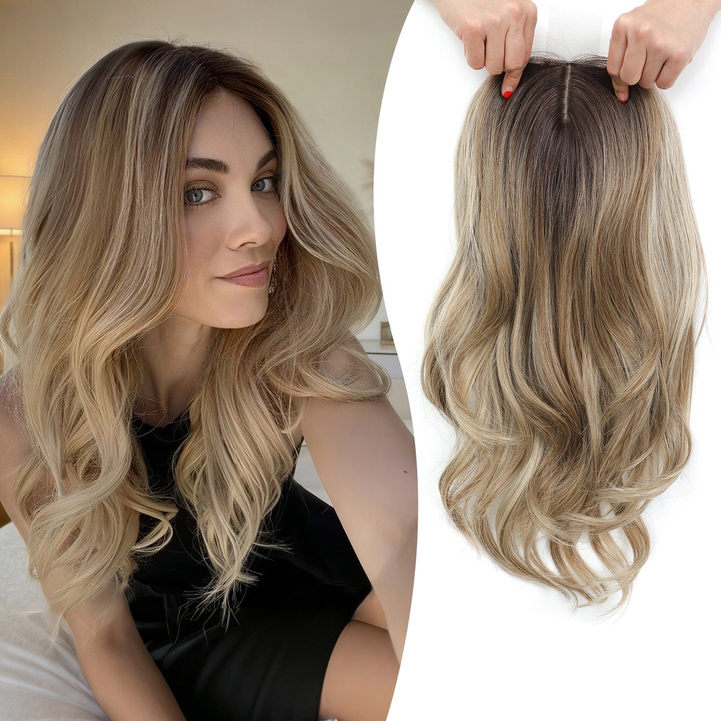 18" Stylish Loose Wave Clip In Hair Topper with Skin Part