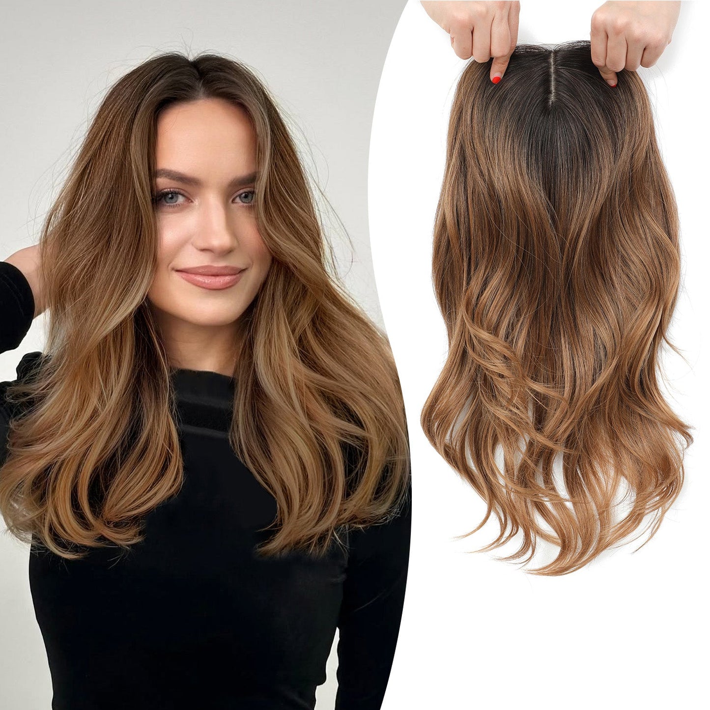 18" Stylish Loose Wave Clip In Hair Topper with Skin Part