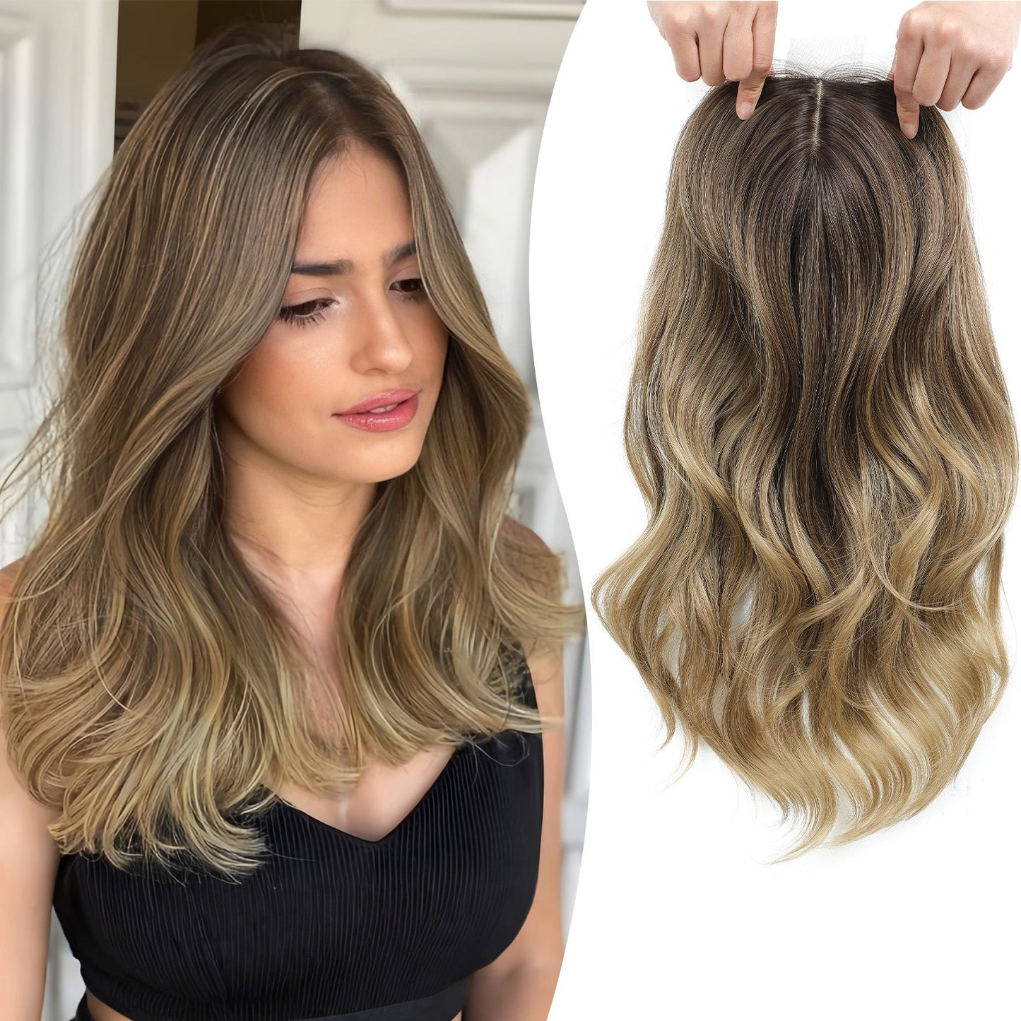 18" Stylish Loose Wave Clip In Hair Topper with Skin Part