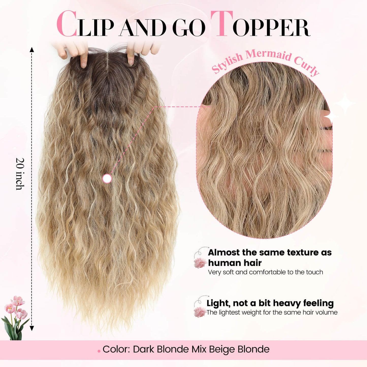 20" Mermaid Curly Hair Toppers with 5Clips Synthetic Hair 6.5x6.5inch Base