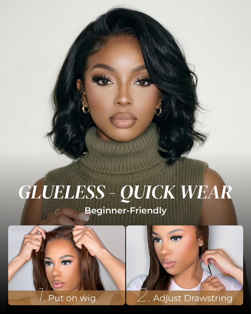 6x5 invisible knots Glueless Loose Wave Bob Wig Pre-cut Lace Natural Black Beginner Friendly