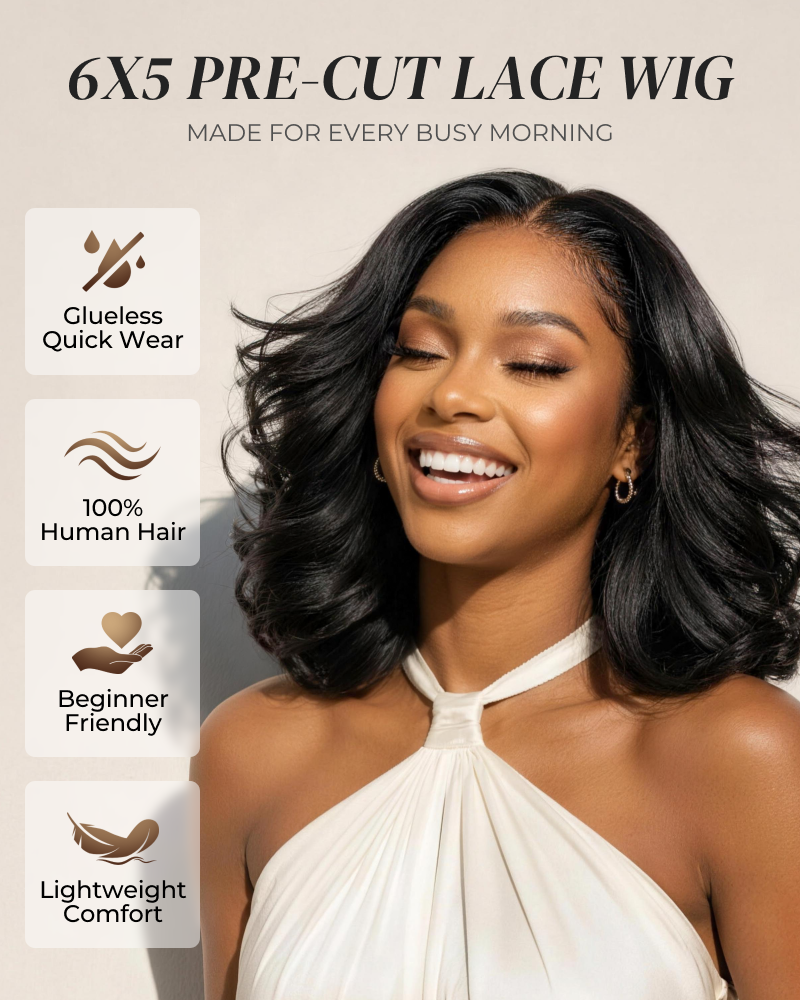 6x5 invisible knots Glueless Loose Wave Bob Wig Pre-cut Lace Natural Black Beginner Friendly