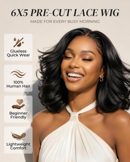 6x5 invisible knots Glueless Loose Wave Bob Wig Pre-cut Lace Natural Black Beginner Friendly